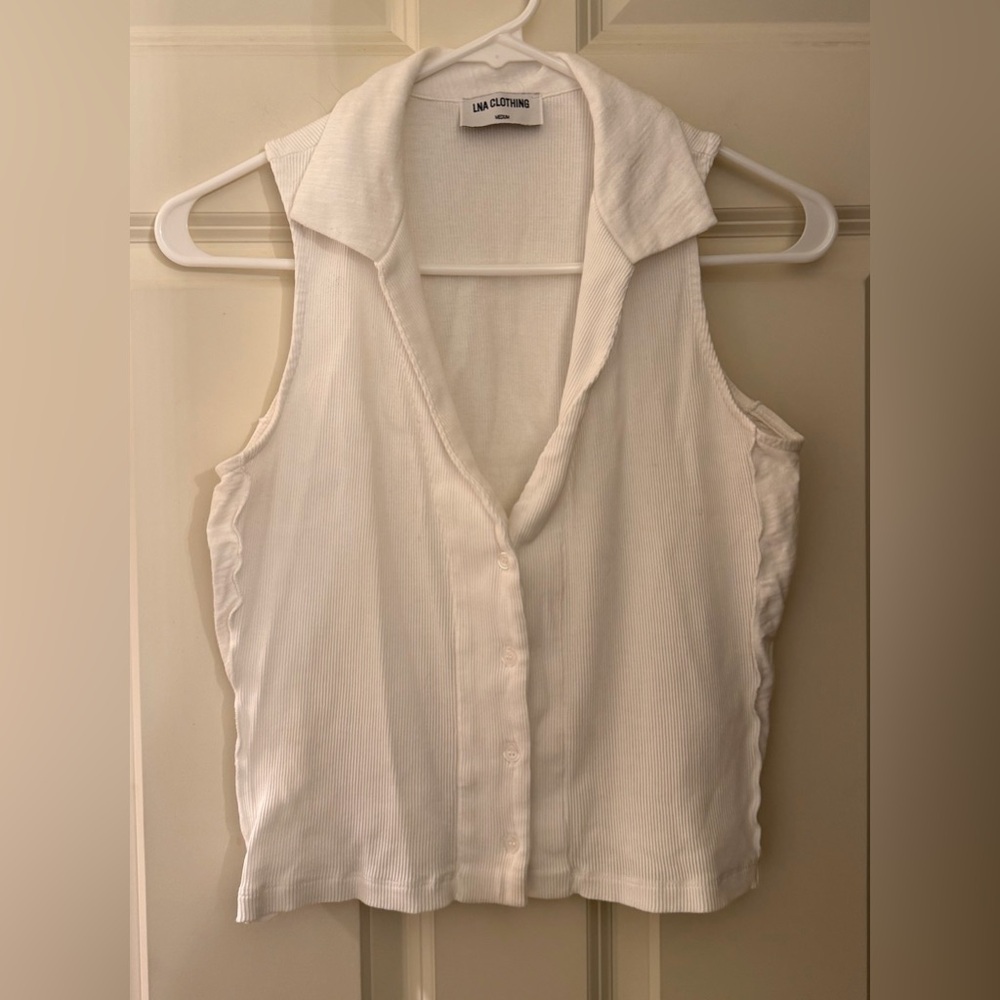 LNA White Ribbed Sleeveless Button-Up Tank